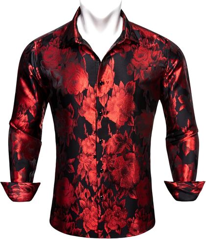 Barry.Wang Men's Silk Shirts Button Down Dress Shirt for Men Satin Paisley Floral Long Sleeve Cowboy Casual Mexico Shirts in Kuwait