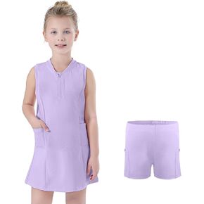 Bezioner Girls Tennis Dress with Shorts Pockets A-Line Golf Outfits Zipper Workout Athletic Dresses Sleeveless Active Dress