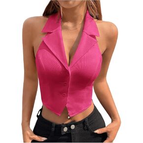 Soly Hux Women's Halter V Vest Vest Button Down Backless Brock Crop Tank Tops Serciveless Blazer Phechcoat