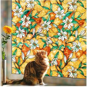 Coavas Decorative Window Privacy Film, Heat Control Sun Blocking Stained Glass Window Film, Floral Design Static Cling, Non Adhesive Windows Tint for Bathroom Front Door(Vinyl, 17.5" x 78.7 ")
