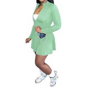 Adogirl Two Piece Tennis Skirt Sets for Women with Shorts Long Sleeve 2 Piece Outfits Zipper Jacket Pleated Mini Dress
