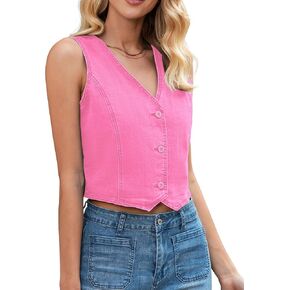 LookbookStore Denim Vest for Women Trendy Sleeveless Cropped Stretchy Jean Vests Top Summer Casual Button Wasitcoat Tops