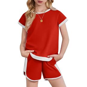 Arshiner Girls Summer Outfits 2 قطعة ملابس ملونة بلوك إسقاط كتف الأكمام أعلى ومجموعات قصيرة غير رسمية Activewear
