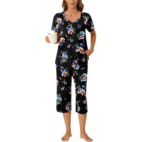 Bestbee Womens Pajama Set 2 Piece Lounge Outfits Summer Sleepwear V Neck Short Sleeve Capri Pant With Pockets Ladies Pjs