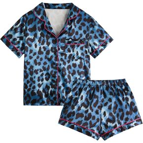Women's 2 Piece Stain Pajama Set Leopard Button Front Short Sleeve Cheetah Collar Shirt and Shorts Sleepwear Set Pjs
