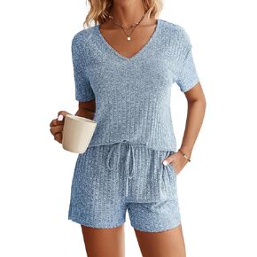 Ekouaer Womens Ribbed Knit Lounge Set Short Sleeve Top and Shorts Sleepwear Pajama Set Two Piece Shorts Outfits Set