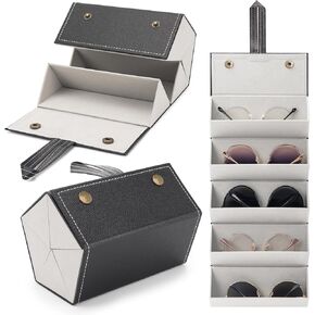 Sunglasses Travel Case, Foldable 5 Slot Eyeglass Organizer, Hanging Storage Box for Women and Men
