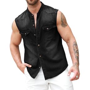 Ryannology Mens Denim Sliciveless Dorts Cowboy Jean Vest Button Button Down Slim Fit Work Cotton Tops مع جيوب