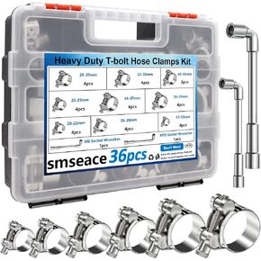 smseace 4Pcs Hose Clamps 17-19mm T bolt Hose Clamps 304 Stainless Steel T-bolt Clamp 6-sizes Heavy Duty T-bolt Hose Clamps with M8 Socket Wrenches Pipe Tube Clamps in Saudi Arabia