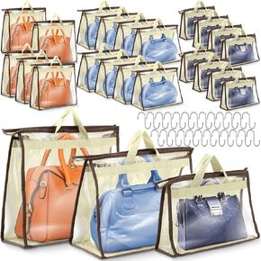 Chumia 24 Pack Dust Bags for Handbags with 25 Stainless Steel S Shape Hooks, 3 Assorted Sizes Dust Cover Bags Damp Proof Purse Storage Handbags with Zippers and Handles for Closet Hanging