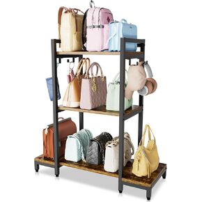 Aquzee Purse Shelf Storage, 3 Tier Stand Bag Organizer for Handbag Organizers, Backpack Storage with 4 Hooks for Holder, Large Purse Shelf for Closet, Home Living Room Bedroom Purse Storage Ideas