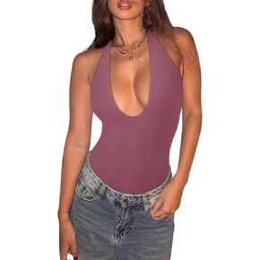 REORIA Bodysuits for Women Halter Tops 2025 Summer V Neck Backless Body Suits Tank Top Trendy Fashion Clothing