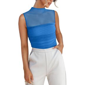 REORIA Women’s Sheer Mesh Sexy Bodysuits Mock Neck Sleeveless Shirts Ruched Trendy Going Out Bodysuits Tops 2025