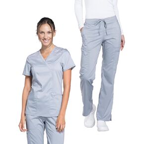 Cherokee Scrub Set for Women Modern Classic Fit Mock Wrap Top WW610 with Mid Rise Moderate Flare Drawstring Pant-WW120, Grey- L Top/L Pant