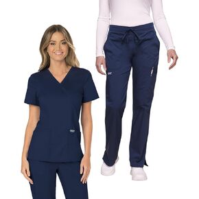 Cherokee Scrub Set for Women Modern Classic Fit Mock Wrap Top WW610 with Mid Rise Moderate Flare Drawstring Pant-WW120, Navy- XL Top/XL Pant