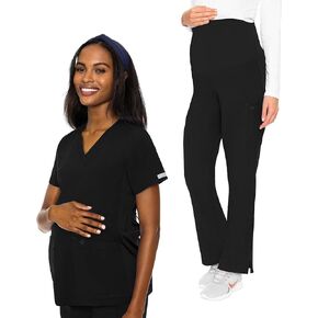 Med Couture Women's Maternity Scrub Set 5 Pockets V-Neck Top with Hemline MC628 Waist Panel for Belly Coverage Pant MC028, Black - S Top/S Pant