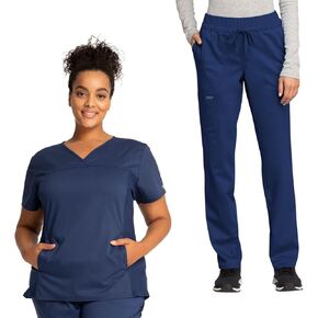Cherokee Women's Scrub Set V-Neck Knit Panel Scrub Top WW2875 Mid Rise Tapered Leg Drawstring Scrub Pant WW105, Navy - M Top/M Pant
