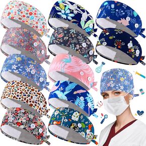 12 Pcs Satin Lined Scrub Caps Women Dental Scrub Adjustable Working Cap with Button Sweatband for Nurse
