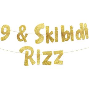 9 & Skibidi Rizz Gold Glitter Banner - 9th Birthday Party Supplies, Ideas, Gifts and Decorations