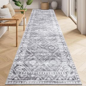 Vaukki Hallway Runner Rug, Soft Low Pile Laundry Rug Runner, Non Slip Entryway Mat, Boho Floor Runner Rug, Washable Kitchen Area Carpet for Hallway, Bathroom and Bedroom (2'6''x8', Grey)