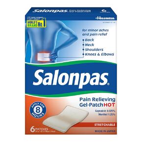 Salonpas Pain Recoed Gel Patch Hot ، 6 Count (حزمة 1) ، المنثول والكبخور ، حتى 8 ساعات تخفيف مؤقت من آلام الظهر ، والعضلات ، والالتواء ، والكدمات