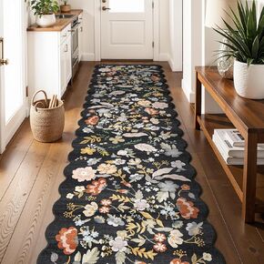 3x6 Washable Kitchen Runner Rug: Non Slip Floral Scalloped Runner Rugs for Hallway Stain Resistant Floor Mat for Entryway Boho Carpet Runner for Bedroom Living Room (Black, 3x6)