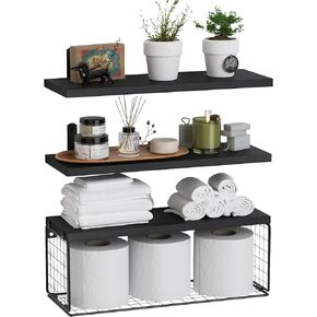 WOPITUES Bathroom Shelf Over Toilet, Floating Bathroom Shelf Wall Mounted with Wire Basket, Floating Shelf for Wall Décor-Black