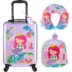 Sanwuta 4 Pcs Kids Luggage Set Kids Backpack Travel Rolling Suitcase with Wheels U-shape Pillow Childrens Gift for Girls Boys(17 Inch,Mermaid's Tail Style,Blue Purple)