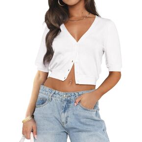 Ezbelle Summer Women’s V Tops Cardigan Sweater Sexy Short Sleeve Cont Crops Button Down Down Dept 2025