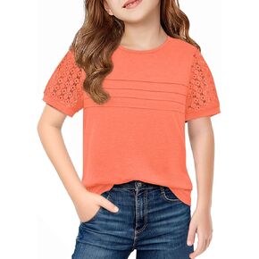Haloumoning Girls Short Sleeve T Shirts Kids Summer Lace Crewneck Tops Fashion Pleated Tees 5-14 Years