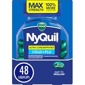 NyQuil Ultra Concentrated Cold and Flu Medicine, Nighttime, Relief for Cough, Sore Throat, Fever, Congestion, Easy to Swallow, Easy to Open Bottle, 48 LiquiCaps
