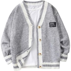 SHENHE Boy's Color Block Button Down V Neck Cardigan Soft Knit Preppy Sweater Outwear
