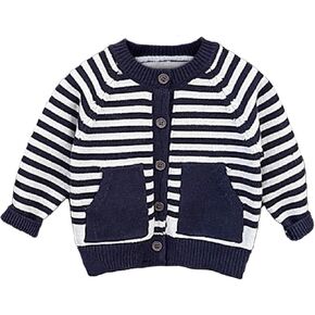 Baby Boy Girl Cardigan Knit Striped Round Neck Button Pockets Sweater