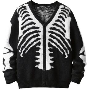 SHENHE Boy's Halloween Skeleton Graphic V Neck Button Down Cardigan Drop Shoulder Knit Sweater