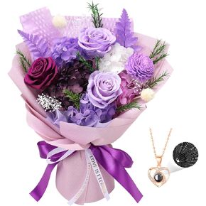Preserved Flowers Bouquets Gifts for Her, Forever Purple Flowers with Necklace, Natural Real Long Lasting Rose Flower for Valentines Wife Mothers Day Anniversary Birthday