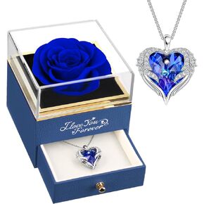 NEWNOVE Preserved Real Purple Rose with Angle Wings Necklace, Mothers Day Flowers Gifts for Mom Grandma Wife Girlfriend, I Love You Gifts for Her, Anniversary or Birthday Gifts for Women
