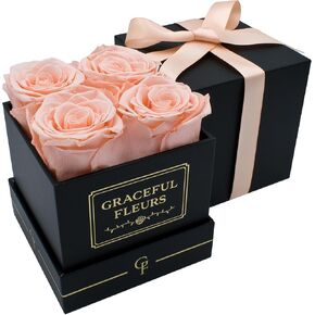Graceful Fleurs | Real Long Lasting Roses for Years | Preserved Fresh Flowers for Delivery Birthday | Mothers Day Flowers Gifts | Forever Roses in a Box (Light Peach, Black Box, 4 Roses)