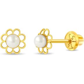 14K Gold Gold Gold's Girl Girl Dainty Pearl Flower Browd Browd Stud arock - أقراط صغيرة من الزهور للرضع للأطفال ، الأطفال الصغار ، الفتيات الصغيرات