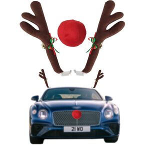 سيارة الرنة Antlers & Nose - Window -Rood -Top & Grille Rudolph Reindeer Jingle Bell Chorth Costume - Auto Accsities Decoration Kit Best for Car SUV Van Truck ، XMAS Gift Set (Brown)