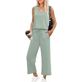 WIHOLL Two Piece Sets for Women Casual Travel Vacation Outfits Summer Wide Leg Pants Lounge Sets