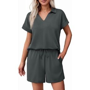 PINSPARK 2 Piece Sets for Women Summer Lounge Sets Short Sleeve Sweatsuit V-neck Tops and Drawstring Shorts Outfits Tracksuit
