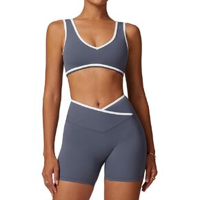 Two Piece Workout Sets for Women Color Block Sports Bra and Scrunch Butt Lifting Shorts Gym Yoga Active Wear Outfits