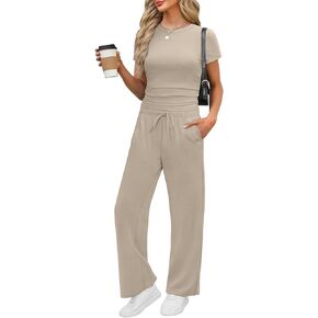 WIHOLL 2 Piece Sets for Women Summer Travel Vacation Outfits Workout Ruched Tops Wide Leg Pants Lounge Sets