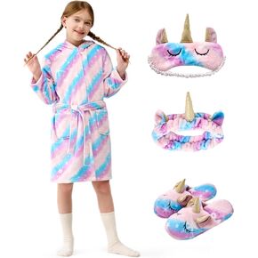 Giggling Getup Unicorn Kids Robe, Girls Bath Robe with Headband, Slippers, Eye Mask, Girls Christmas Pajamas