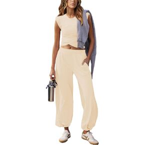 Women 2 Piece Outfit Set Loungewear Cropped Tops and Jogger Sweatpant Matching Set Coordinated Sweatsuit with Pockets