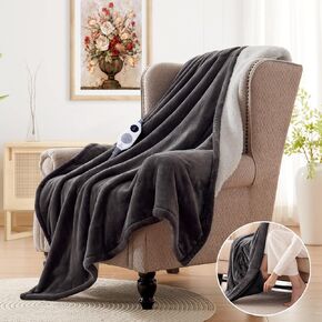 Westinghouse Electric Throw Blanket with Foot Pocket for Adults, Soft Flannel to Sherpa Heated Throw with 6 Heating Levels & 2-10 Hours Time Settings, Fast Heating & Machine Washable, 50x62, Beige