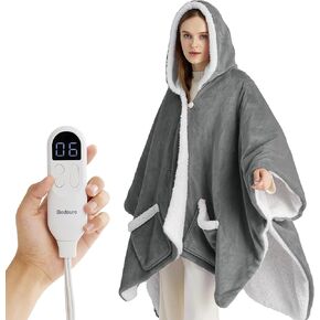 Bedsure Heated Blanket Wearable Shawl - Electric Wrap Poncho Blanket Hoodie for Adult, Birthday Gifts for Mom Women, Sherpa Heating Throw with 4 Time Settings & 6 Heat Settings, 50x64 inches, Grey