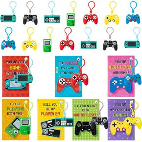 Haooryx 28 Pack Valentine's Day Gifts Cards with Keychains for Kids, Video Game Keychains Inspired Greeting Cards for School Student Prize Classroom Gift Exchange Valentines Party Present Supplies