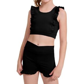 Girls 2 Piece Outfits Athletic Ruffle V Crossover High Waisted Dance Shorts with Training Bra Crop Tank 3-10Years