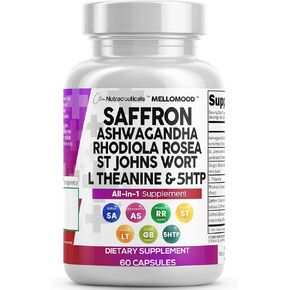 Clean Nutraceuticals Saffron Supplements with Ashwagandha - Mood Support with L-Theanine, Ginkgo Biloba, St. John's Wort, Rhodiola Rosea & 5-HTP - Saffron Pills